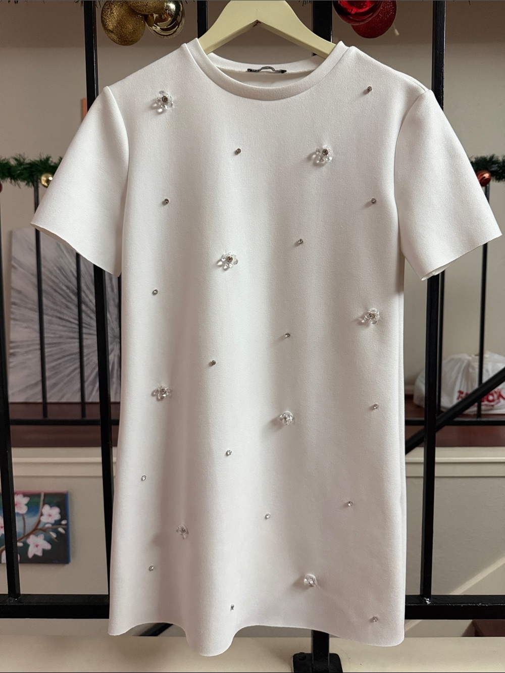 Zara White Short Sleeve Embellished Mini Dress